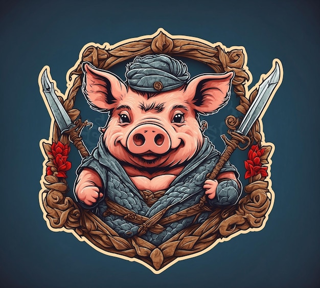 Pig in the frame of a shield with a sword and shield