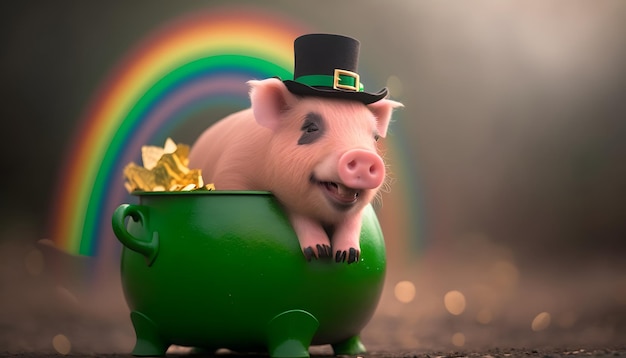 A pig in a green pot with a rainbow on it