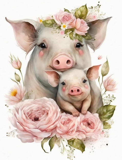 A pig and her mom are on a white background.