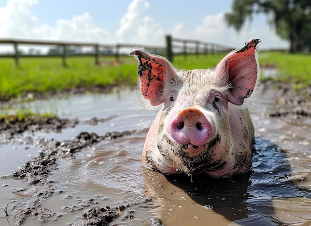 Photo a pig is in a muddy field and appears to be happy the muddy water is surrounding the pig and it is laying down in the mud