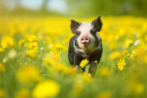 a pig is running through a field of flowers