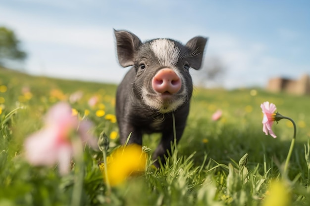 a pig is running through a field of flowers