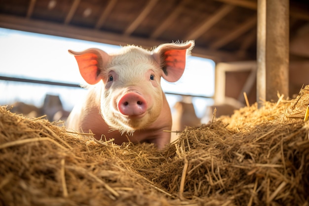 a pig is sitting in a pile of hay