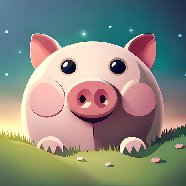 A pig is standing in a field with a starry sky in the background.