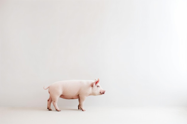 A pig is standing in front of a white wall.