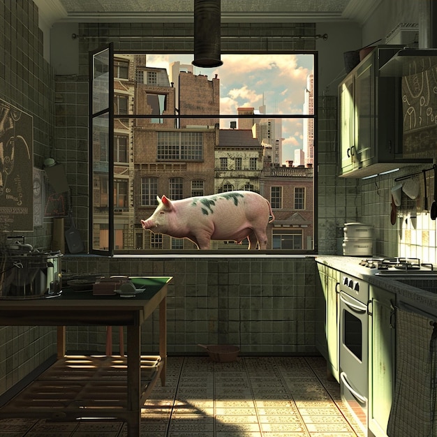 Photo a pig is standing in a kitchen with the word pig on it