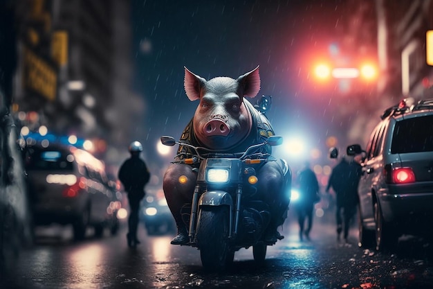 Pig on a motorcycle rides through the streets of a city between cars on a rainy night Generative AI