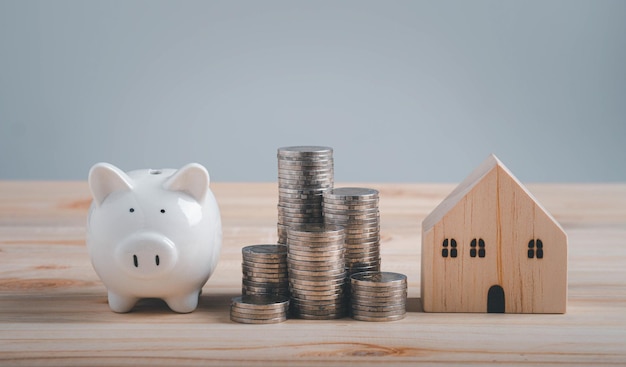 Pig piggy bank and Model house and coin stack on white background saving concept