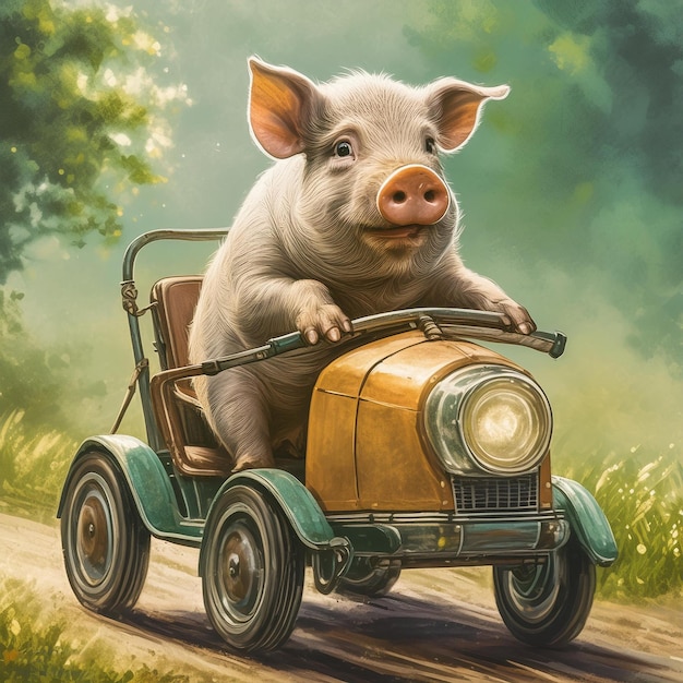 a pig riding a toy car with the words piggy on it