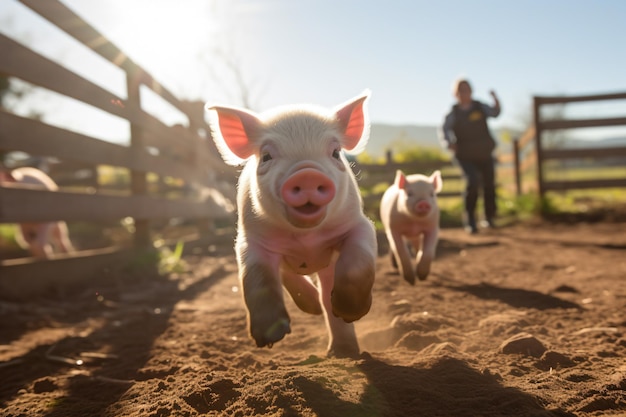 a pig running in the dirt with two other pigs