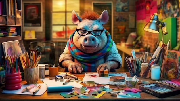 A pig sits at a desk with a painting on it.