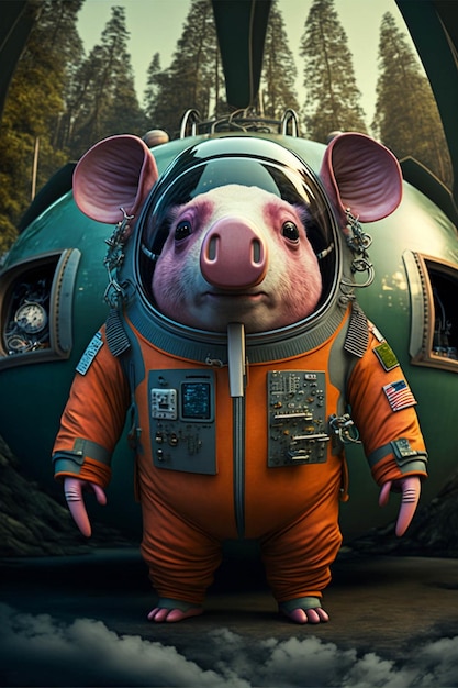 Pig in a space suit standing in front of a plane generative ai