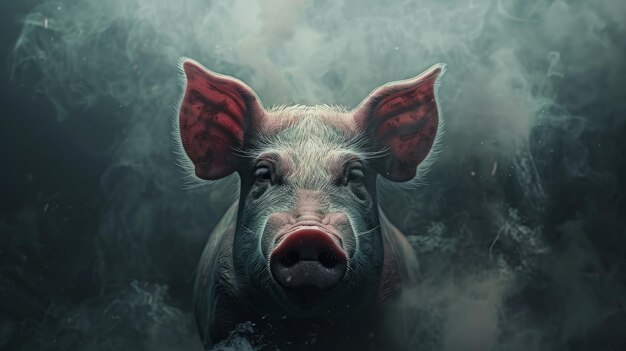 Photo a pig stands calmly amidst swirling smoke in a dimly lit environment