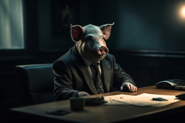 A pig in a suit sits at a desk in a dark room.