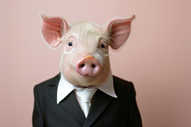 Pig in a Suit Surreal Portrait of an Anthropomorphic Animal in Formal Attire Against Pastel Background