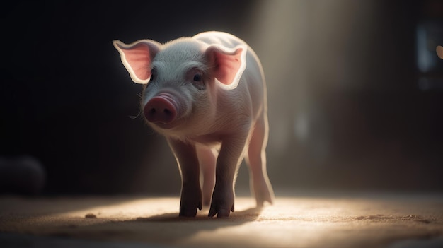 A pig walks on a carpet with the word pig on it