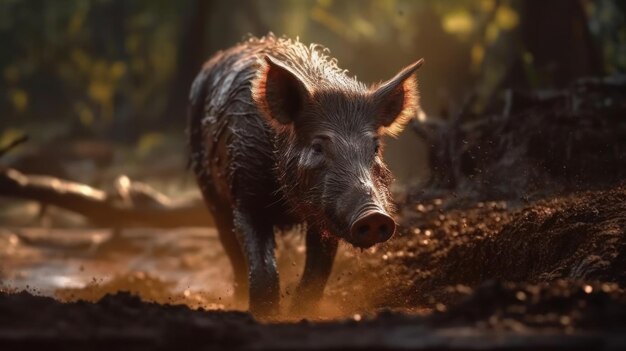 A pig walks through a forest with the sun shining on its face.