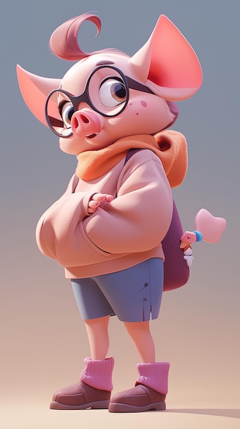 Photo a pig wearing glasses and a backpack with a pink bag on it