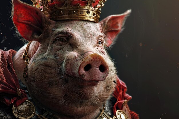 Photo a pig wearing a gold crown and a red and gold crown