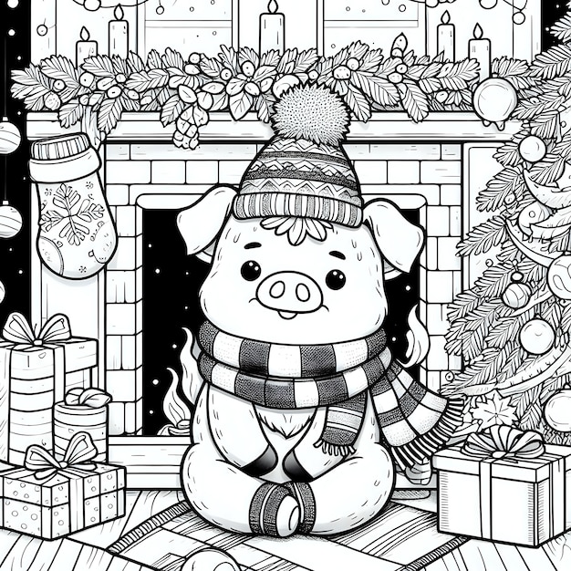 a pig wearing a hat sits in front of a fireplace