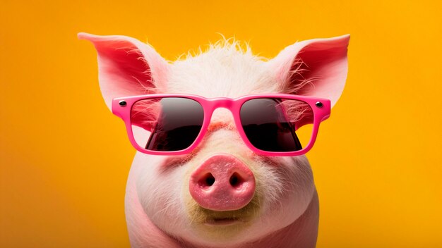 A pig wearing pink sunglasses and a pink rimmed sunglasses