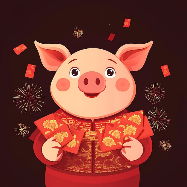 Photo a pig wearing a red kimono with fireworks in the background