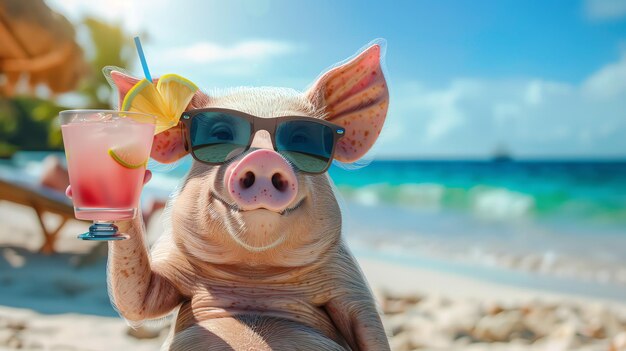 A pig wearing sunglasses is enjoying a pink cocktail on a sunny beach