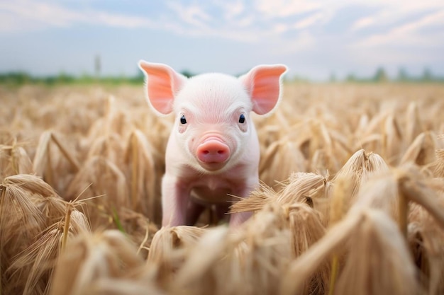 pig in a wheat field with a pink nose