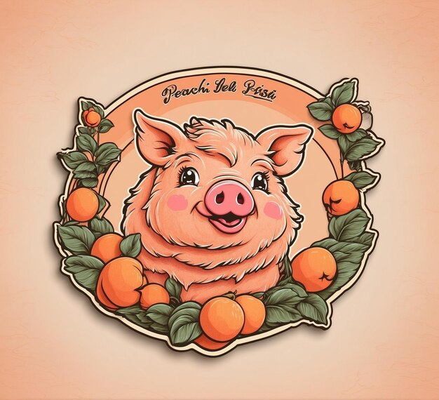 Pig with apples and oranges in round frame Vector illustration