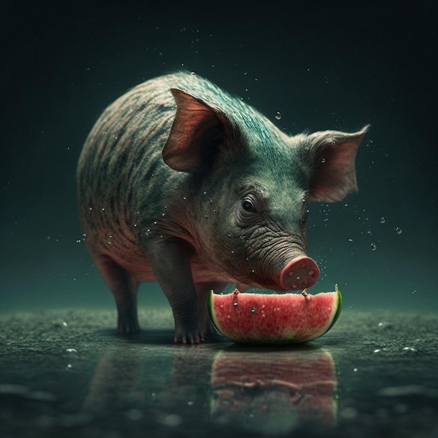 A pig with a blue face is eating a watermelon.