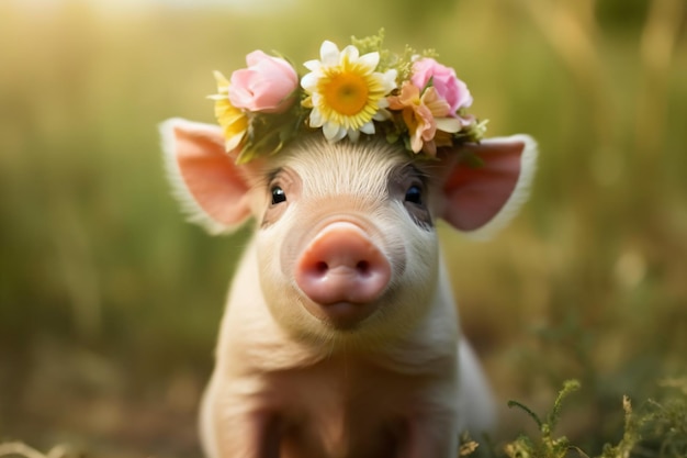 a pig with a flower crown on its head