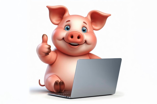 pig with laptop online shopping showing thumbs up on white background