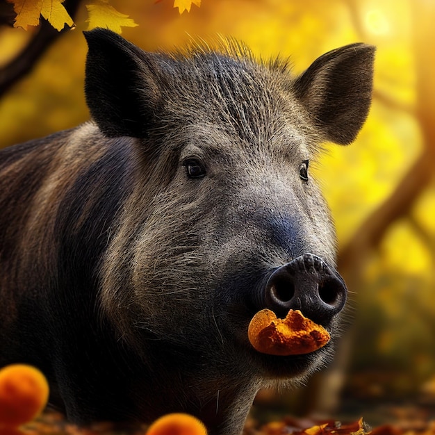 A pig with a piece of fruit in its mouth