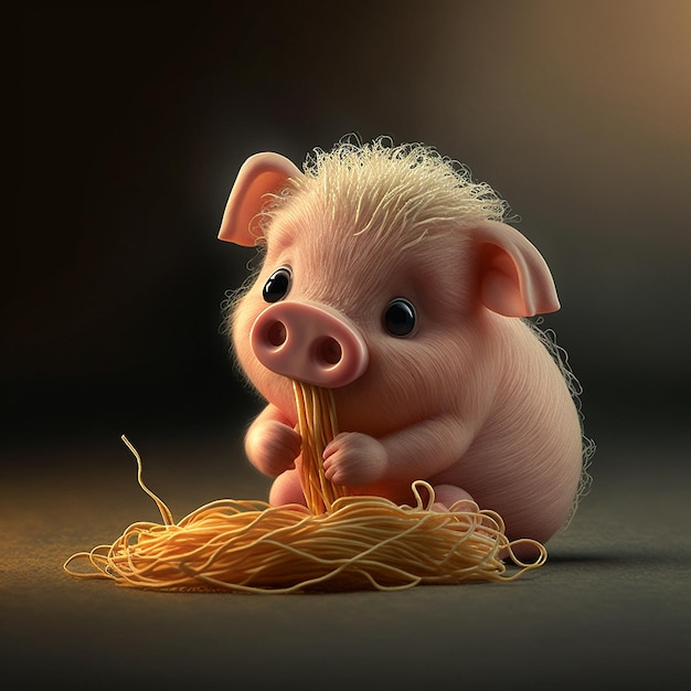 A pig with a piece of yarn on its face is holding a piece of yarn.