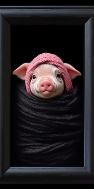 Photo a pig with a pink hat on its head is wrapped in a sweater