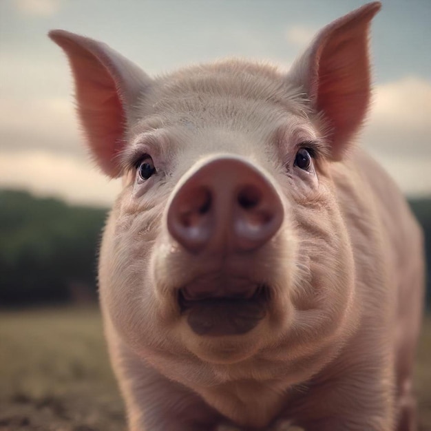 a pig with a pink nose and a black nose is looking up at the camera