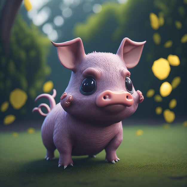 A pig with a pink tail and a blue eye.