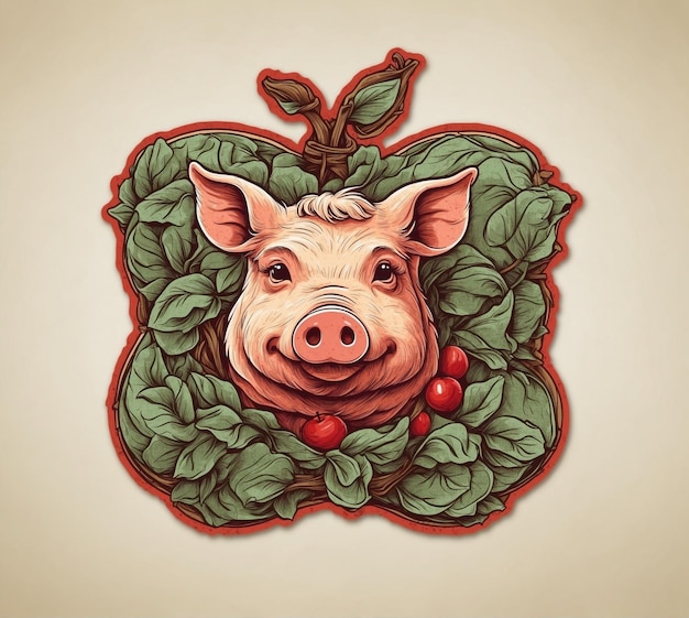 Pig in a wreath of leaves and berries Vector illustration