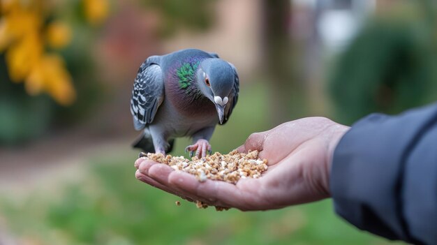 Photo pigeon eating seeds from a hand