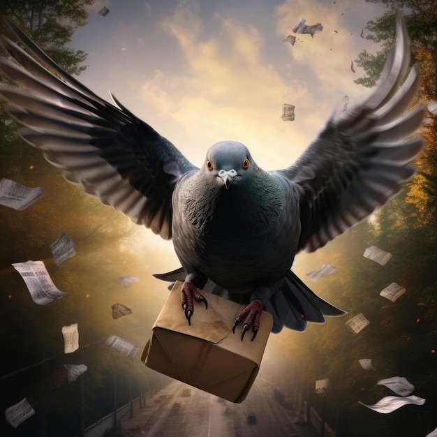 A pigeon flies with a parcel