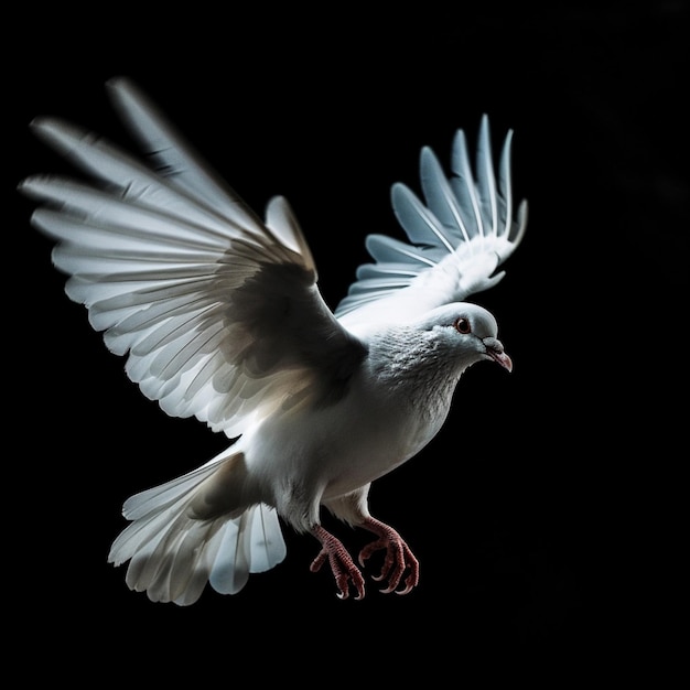 A pigeon flying in the air with its wings spread out.