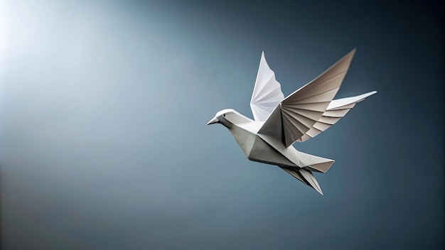 Pigeon flying origami craft toy captured at a tilted angle precision minimalist paper shadow delicate tilt perspective handmade pigeon hobby craft angle closeup concept