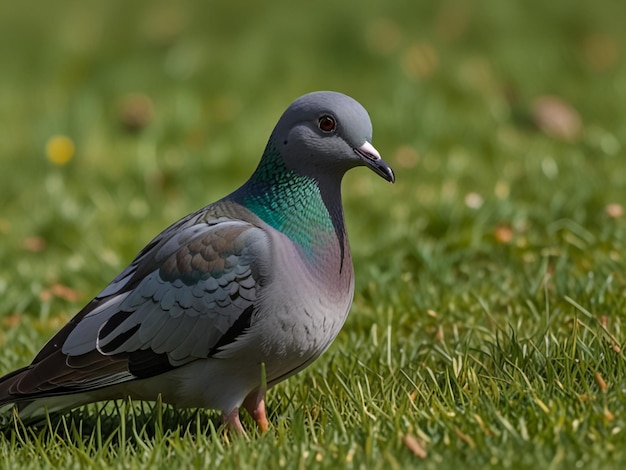 a pigeon is standing in the grass with a green and blue head