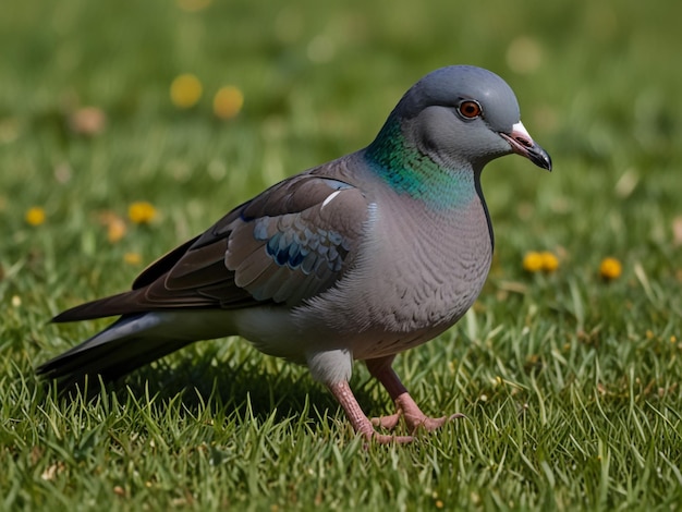 a pigeon is standing in the grass with a green and blue head