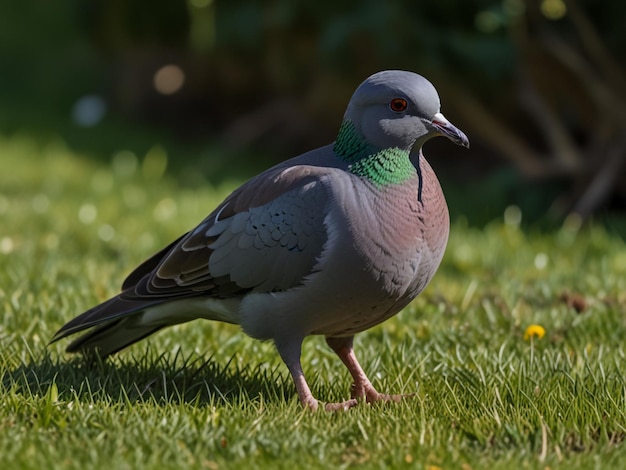 a pigeon is standing in the grass with a green patch of grass