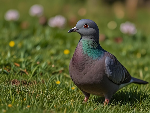 a pigeon is standing in the grass with a purple head