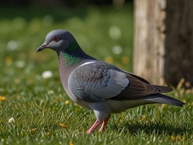 a pigeon is standing in the grass with a red eye