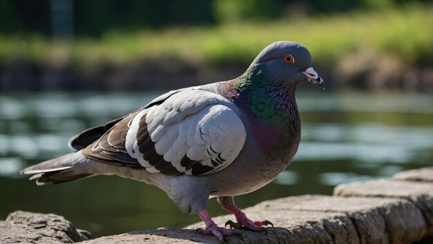 Photo a pigeon is standing on a ledge by a lake