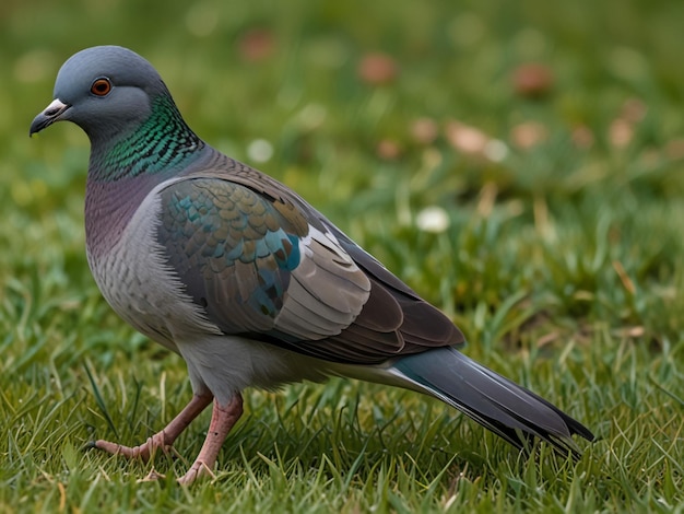 a pigeon is walking in the grass with a green head