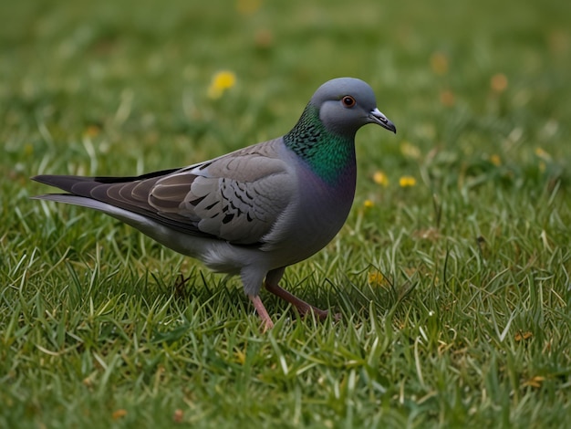 a pigeon is walking in the grass with a green and yellow head